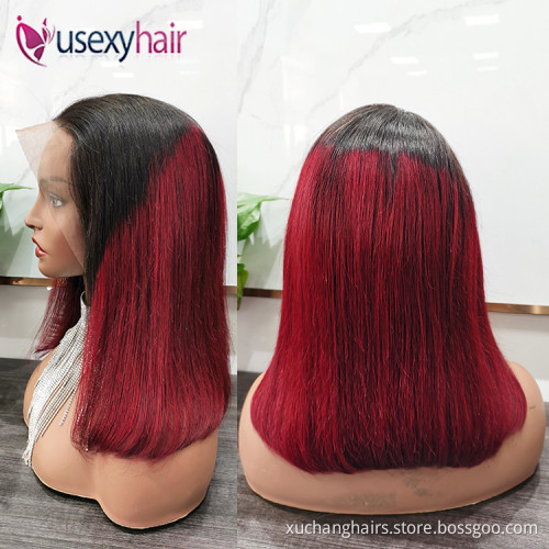 Wholesale summer pixie human frontal lace wigs brazilian hair ombre colored short bob cut lace front wig human hair straight
